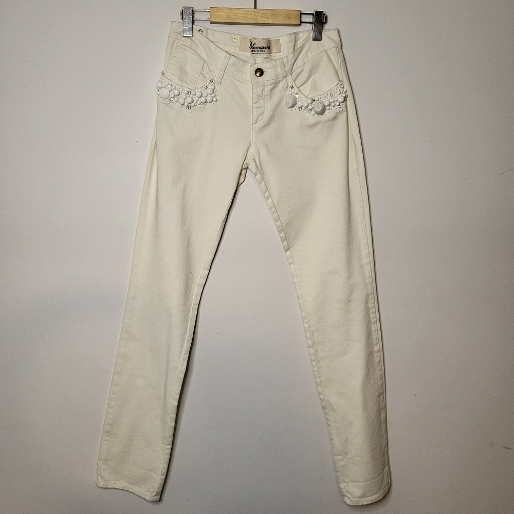 Blumarine Straight Leg Regular Embellished Rhinestone Jeans Off White Size 42